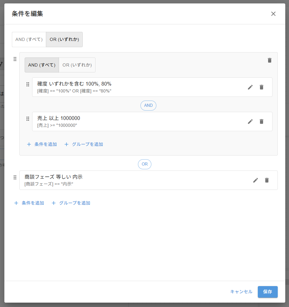 ネスト条件の設定 — 最上位ANDグループの中に「商談フェーズ 等しい 提案中」と子グループ「OR：確度=80% / 確度=100%」が入れ子になった状態