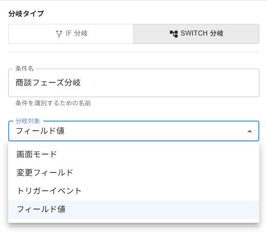 分岐対象ドロップダウン — 画面モード・変更フィールド・トリガーイベント・フィールド値の選択肢